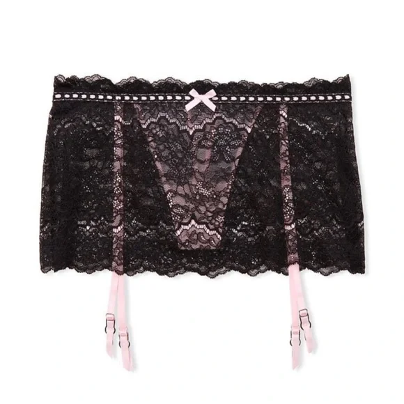 Victoria’s Secret VS Dream Angels Ribbon Slot Skirt with Garters Black Pink  XS